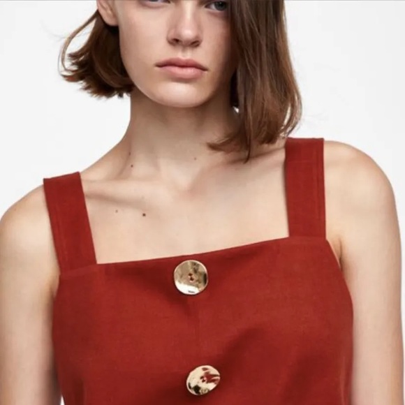 ZARA | Brick Red Dress With Gold Tone Buttons - Picture 2 of 5